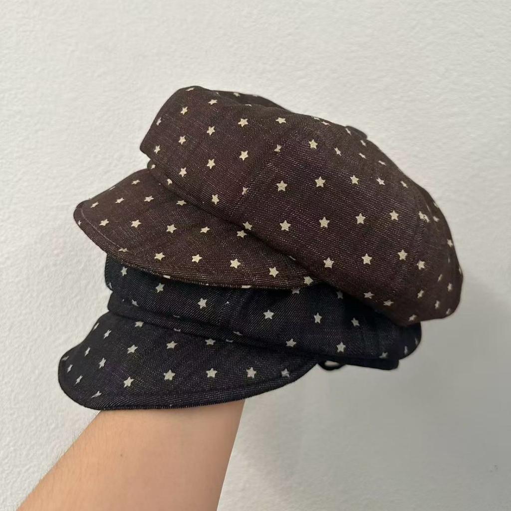 Simple star printing cotton and linen age-reducing octagonal hat women's autumn retro versatile painter hat showing face small flat top beret