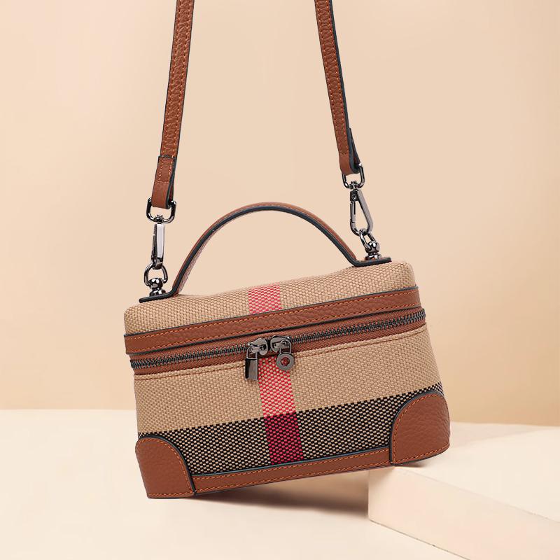 New Women's One Shoulder Crossbody Bag Canvas with Cowhide Plaid Pattern Phone Bag