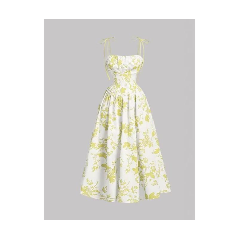 Vintage Flower Print Sleeveless A Line Dress With High Waist For Casual Summer Wear