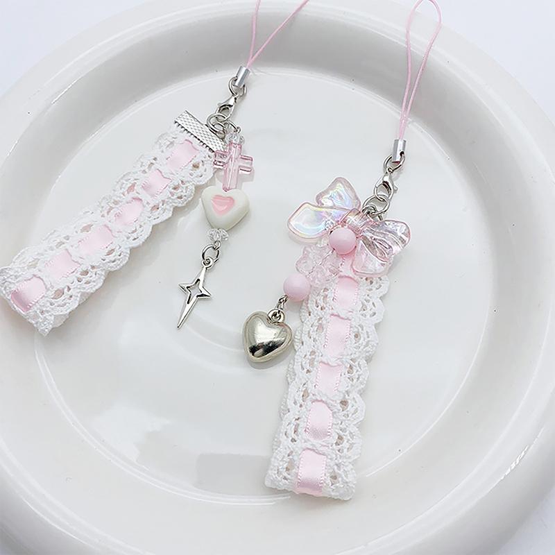 Sweet Lovely Lace Ribbon Cat Heart Pendant Keychain Phone Charm Lanyard Bag Decoration For Women Portable Hangings Lanyard Gifts