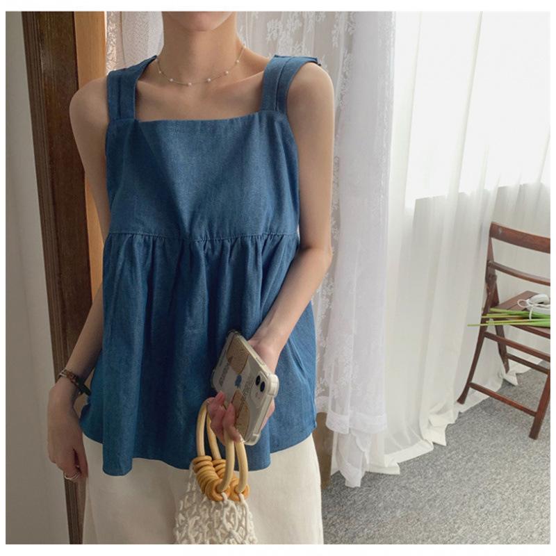 

Женская джинсовая майка голубого цвета: Летний топ без рукавов свободного кроя с завязкой-бантом на спине Medium синий