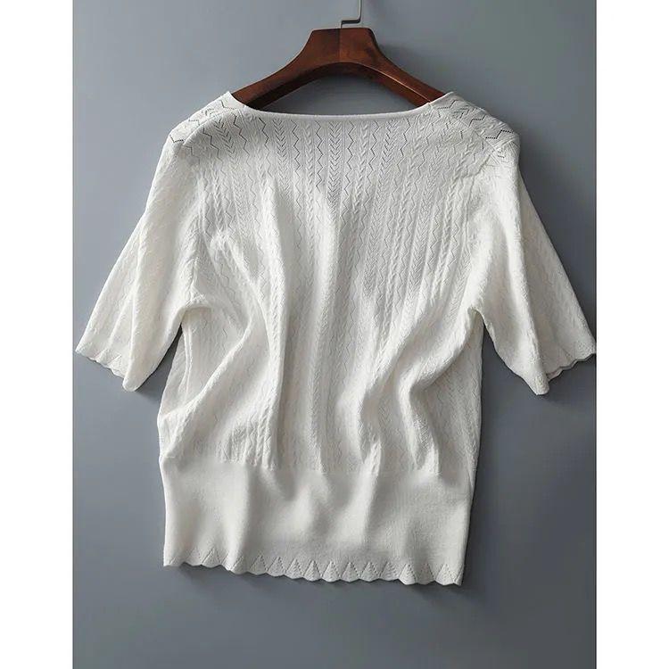 2026 Summer Women's Ice Silk Knit Cardigan: Korean Style V-Neck, Solid Color, Short Sleeve, Slim, Hollow Design, Sun Protection.