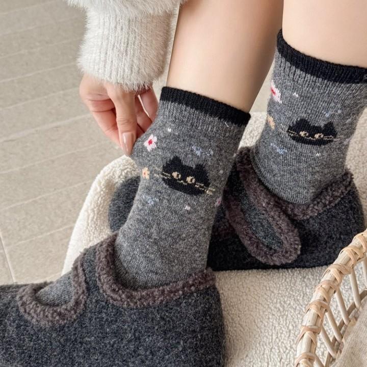 Warm Wool Socks Children'S Medium Tube Socks Seasonal Thickened And Velvet Cute Cat Cartoon Winter Stockings