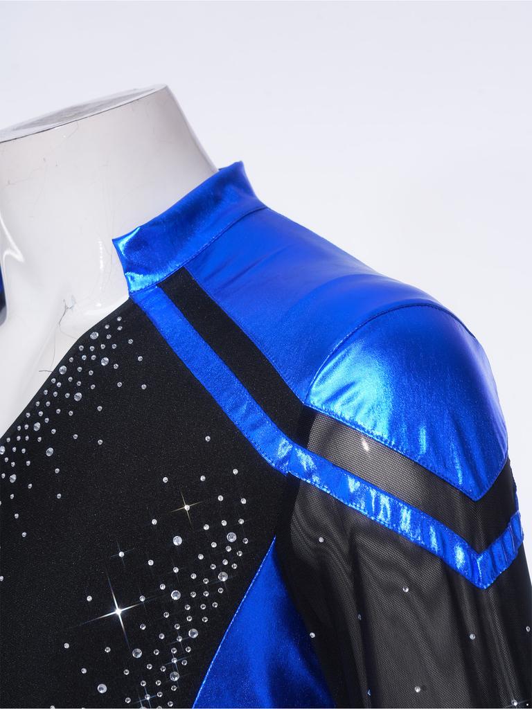 Sparkly Metallic Patchwork V Neck Bodysuit for Men Mesh Long Sleeve Rhinestone Leotard for Latin Ballet Figure Skating Gymnastics Training