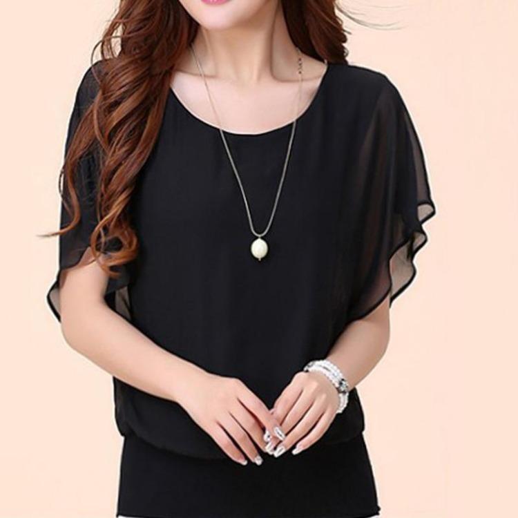 

Summer Casual Batwing Blouse Women Fashion Oversized Chiffon Tops Loose Plus Size Ladies Blouse Short Sleeve Round Neck Solid Color M чорний
