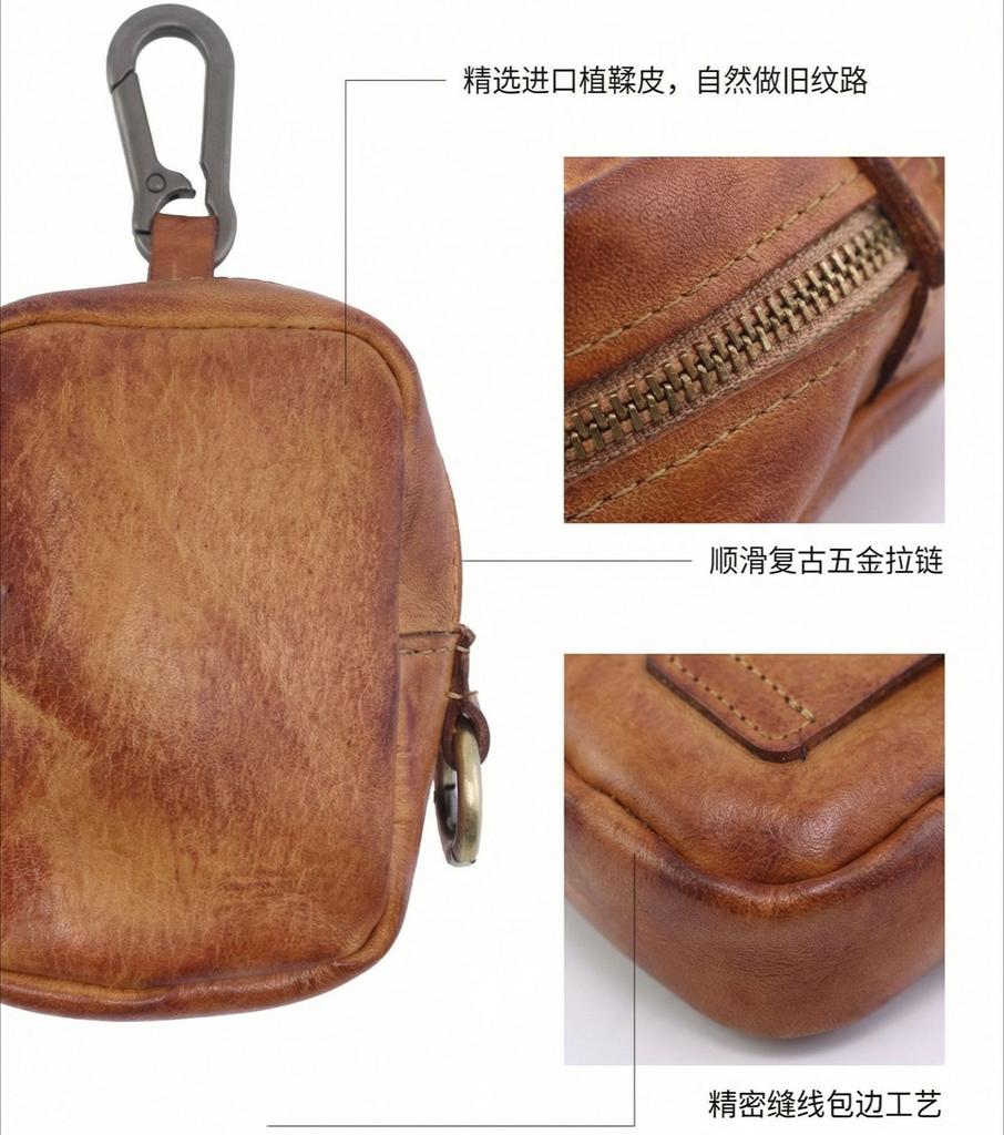 Men's Coin Purse, Genuine Leather Mini Coin Wallet Zipper Pocket with Back Belt Loop, Lightweight  Keychain Pouch for Men