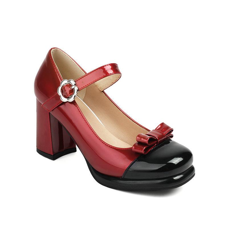 Chunky Heels Lolita Women Pumps Shoes Sweet Bowknot Mixed Color Vintage Mary Jane Shoes Patent Leather Platform Pumps Size 34-43