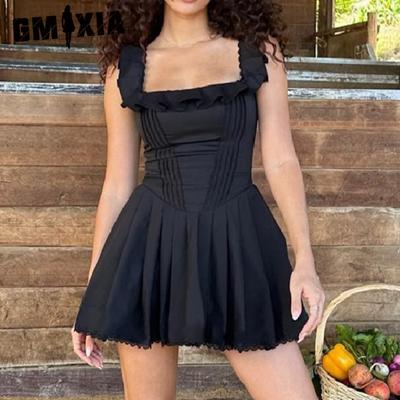 Sommer Temperament Quadrat Kragen Holz Ohr Rand Fishbone Korsett Kleid Frauen