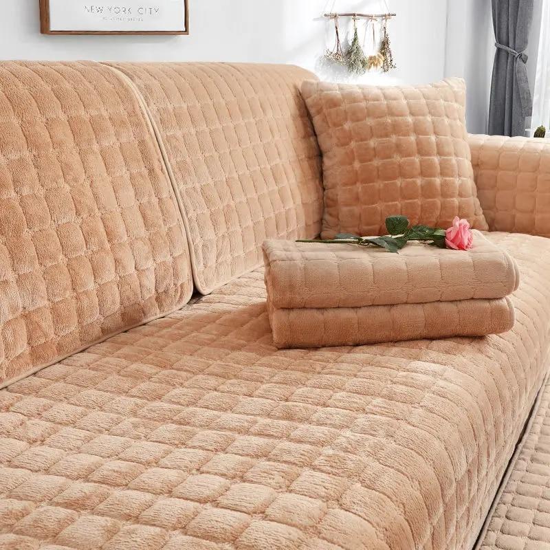Velvet Sofa Cover Universal Plaid Plush Non-Slip Thickened Living Room Sofa Cover Warm Flannel Sofa Cushion Armrest Back Towel
