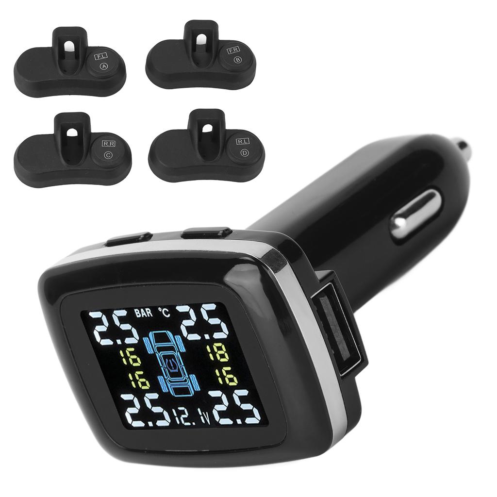 Smart TPMS Cigarette Lighter Tire Pressure Monitoring Alarm System with 4 Internal Sensors