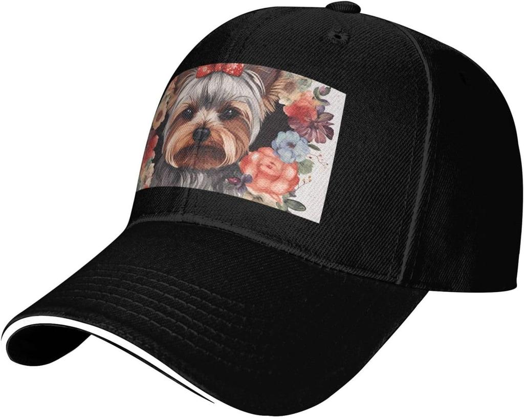 Yorkie Floral Print Baseball Cap Polyester Adjustable Casual Golf Dad Hat for Unisex