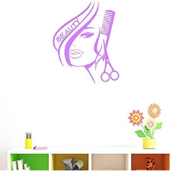 BIBITIME Modern Fashion Beauty Girl Cut Hair with Scissors Comb Barber Shop Wall Decal Window Sticker Hairdressing Salon Creative Personality Vinyl
