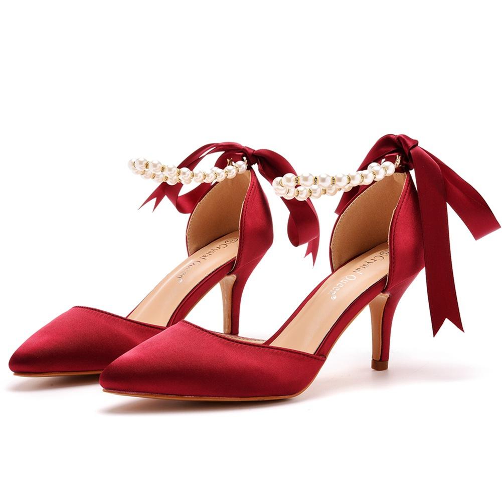 7cm Mid-heel Sandals Thin Heel Rhinestone Beaded Sandals Imitation Silk Wedding Banquet Dress Shoes Pointed Sandals Women