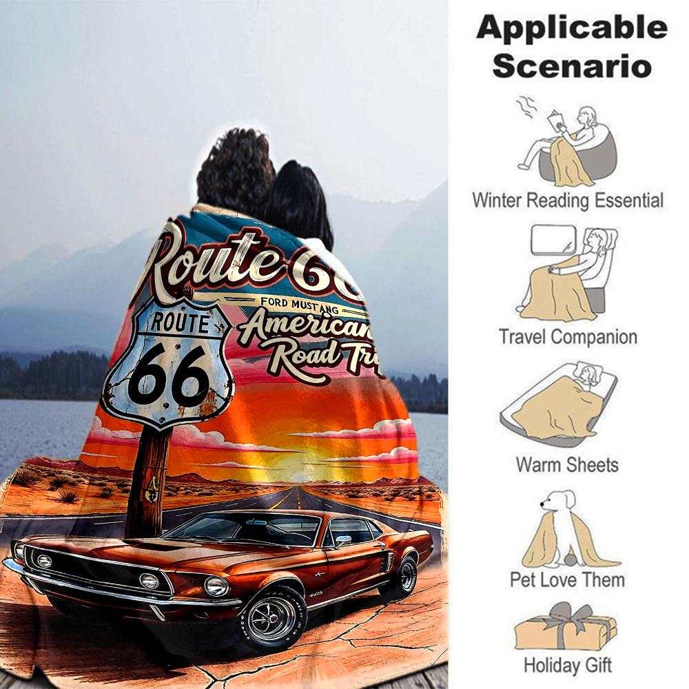 1pc Route 66 American Road Trip Soft Flannel All Season Throw for Home, Office, Outdoor UseDurable Comfort Soft Warm Throw for Home
