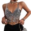 Women Acrylic Crystal Tassels Body Chain Sparkling Body Jewelry Backless Crop Tanks Top for Music Festival Party Outfit