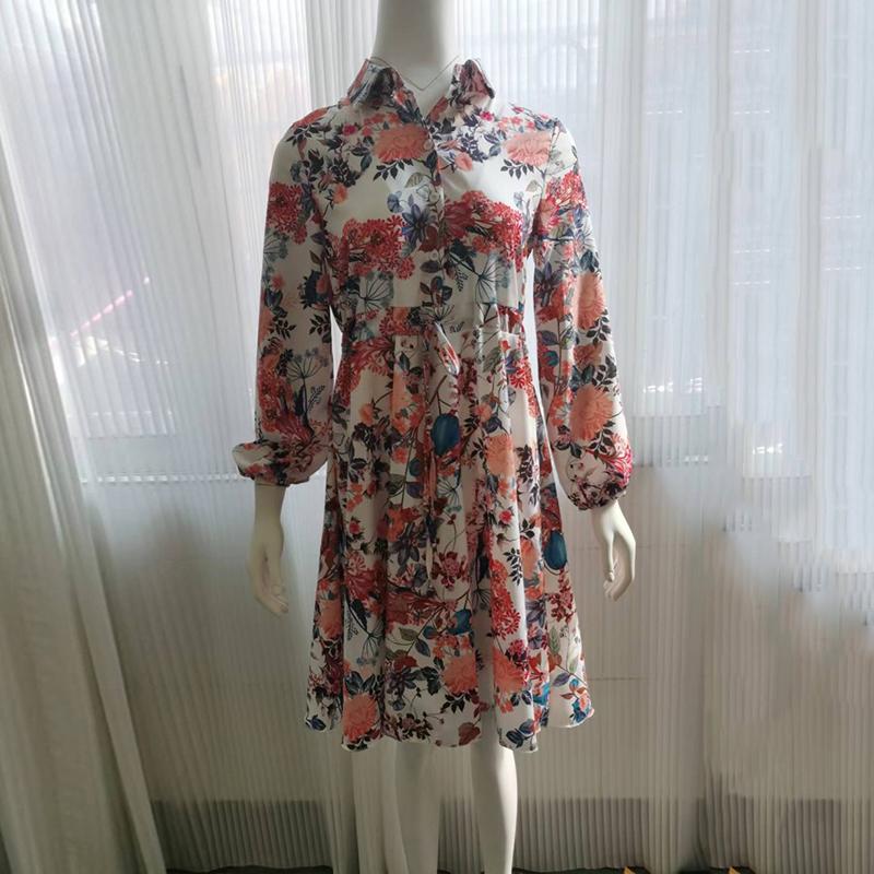 Nové letní šaty s dlouhým rukávem, s květinovým potiskem, vintage, dámské, na knoflíky, se šněrováním v pase, volné košilové šaty, dámská móda, ležérní áčkového střihu, dámské šaty 26201
