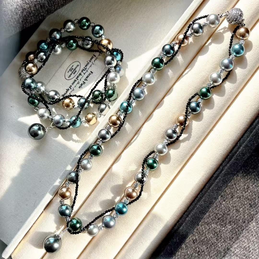 

Vintage Dark Night Black Artificial Crystal Tahitian Black Pearl Mixed Color Double Layer Winding Collarbone Chain Necklace Hanging