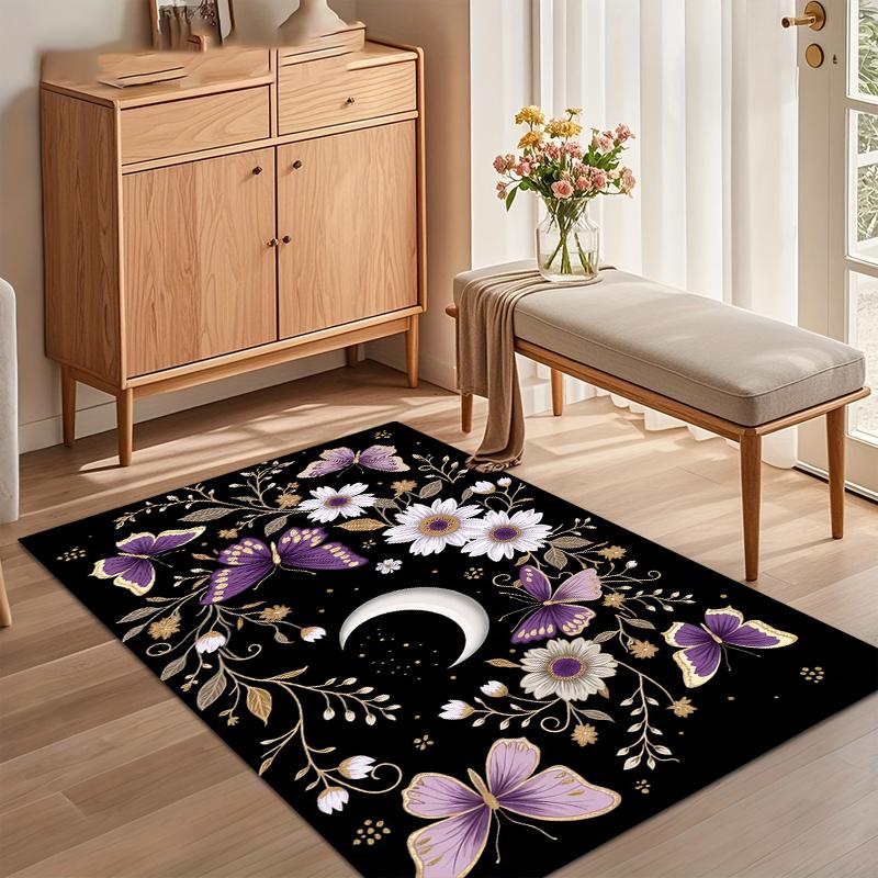 Black Purple Butterfly Crescent Area Rug Non Slip Mat for Bedroom Living Room Mystical Home Decor Aesthetic Witchy Bedroom