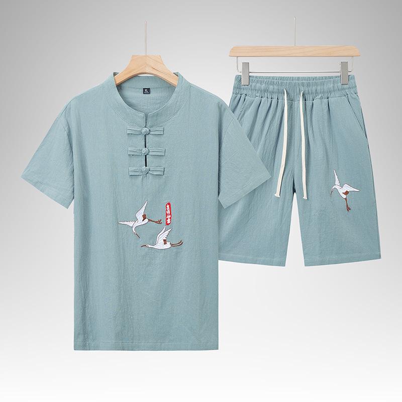 Костюм в китайском стиле, мужская летняя футболка Hanfu с короткими рукавами, хлопковые и льняные брюки с пятью точками, повседневные спортивные костюмы в китайском стиле для среднего и пожилого возраста 3XL