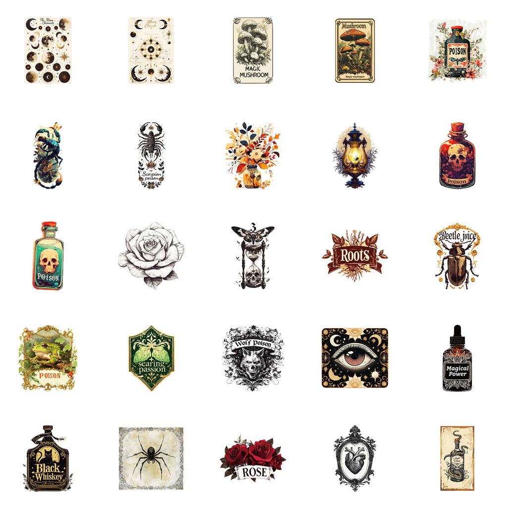 50 Naklejek Dekoracyjnych Wodoodpornych w Stylu Retro Pająk Lampa Oliwna Róża Bez Powtórzeń Naklejki