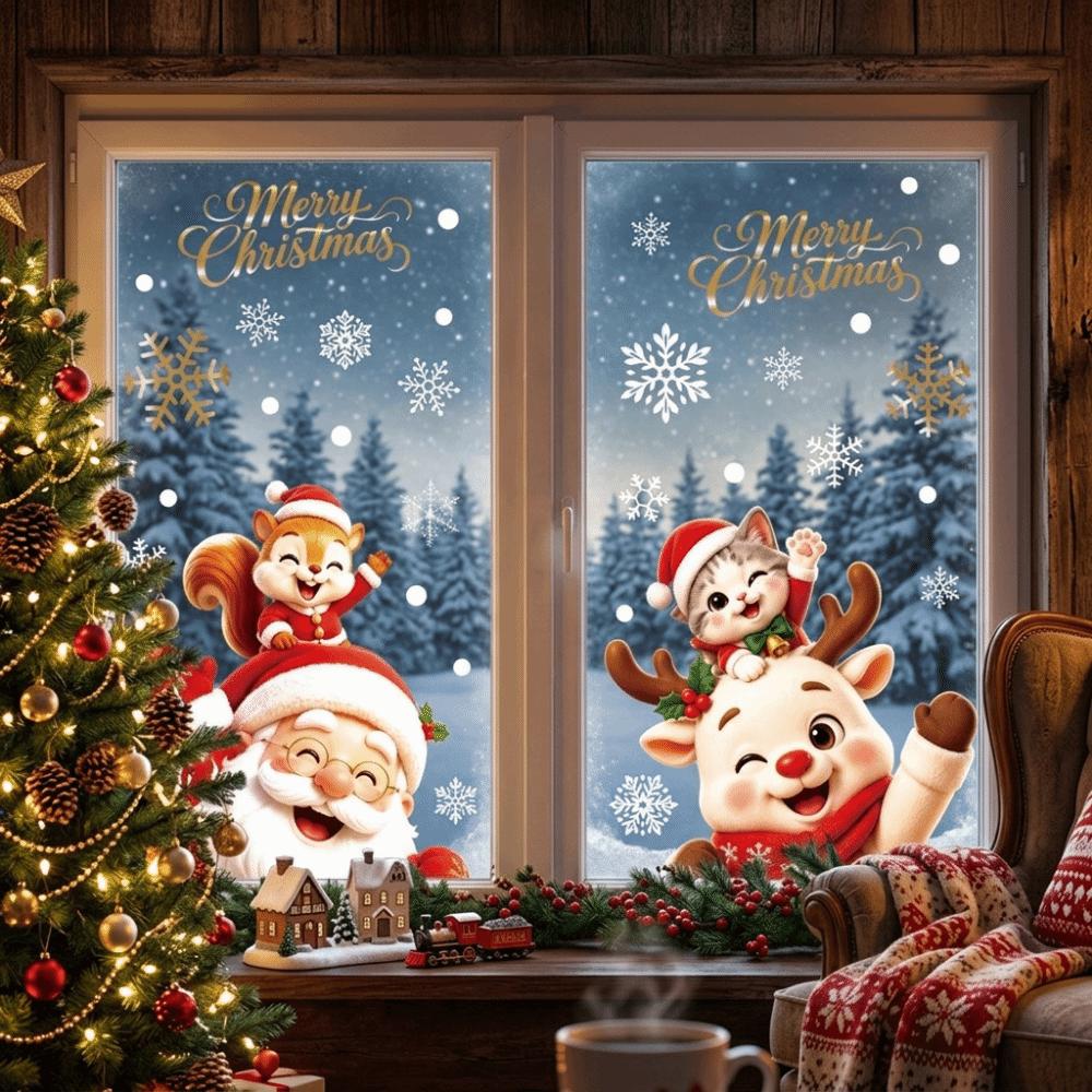2 Sheets Santa Claus Christmas Window Stickers Elk Cat Snowflake Xmas Static Decals Self-Adhesive Cute Designs