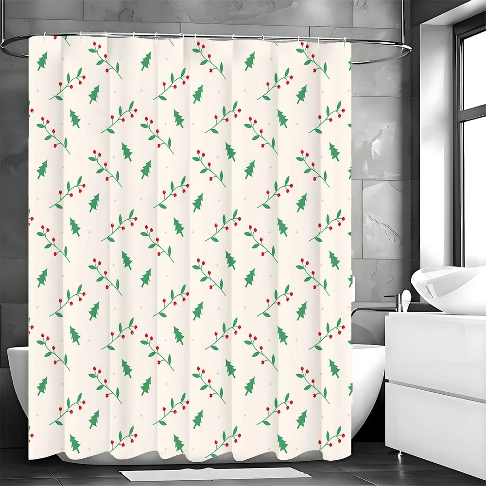 Pine Leaf Red Small Fruit Shower Curtain, Bathroom Decorative Shower Curtain, Waterproof Shower Curtain with Hooks