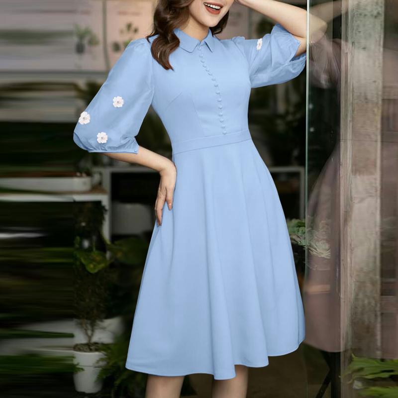 ZANZEA Women Summer Turn Down Collar Floral Half Sleeve Casual Dress