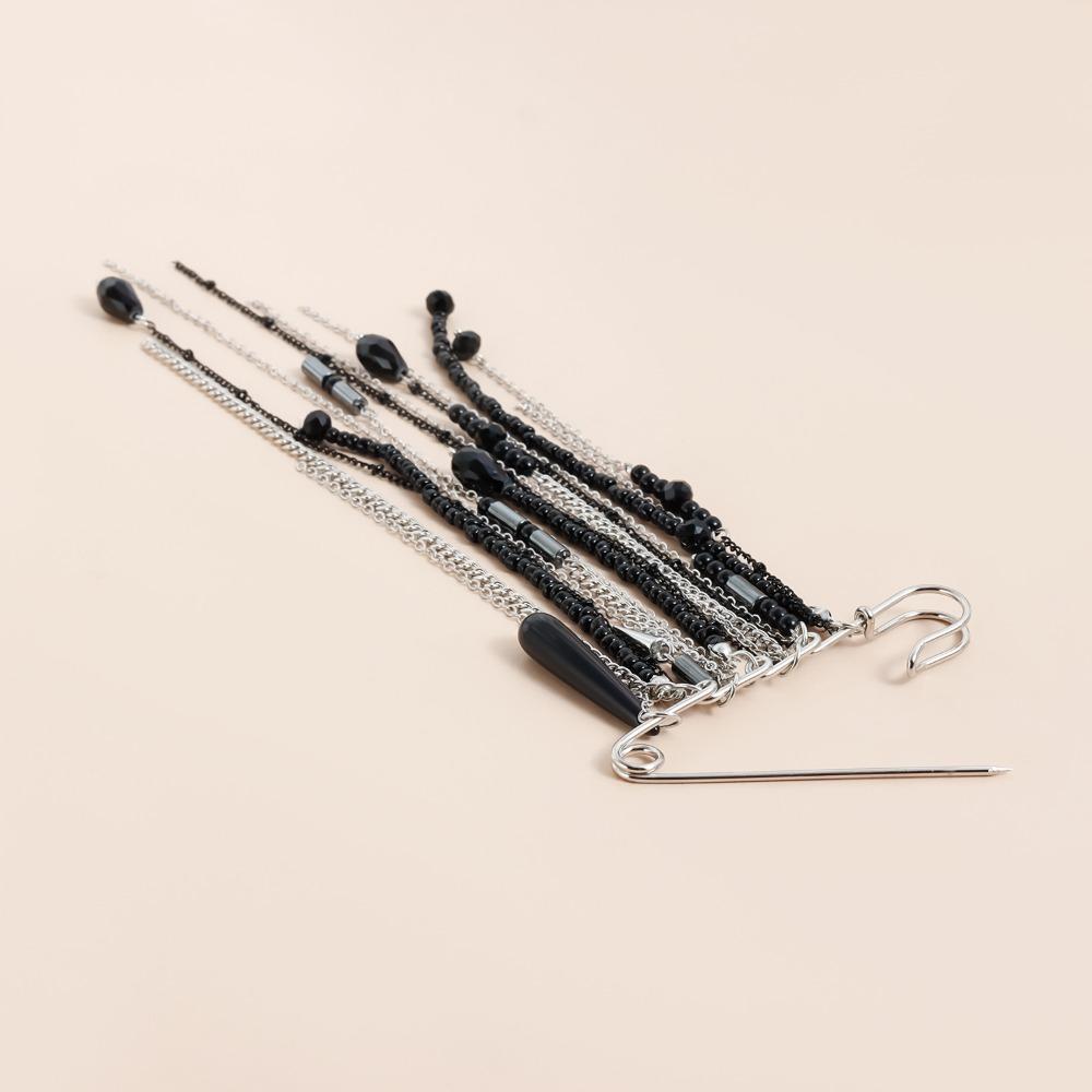 Gothic Black Crystal Beaded Multi-layer Tassel Chain Safety Pin Brooches for Women Men Hip-hop Personality Jewelry Accessories