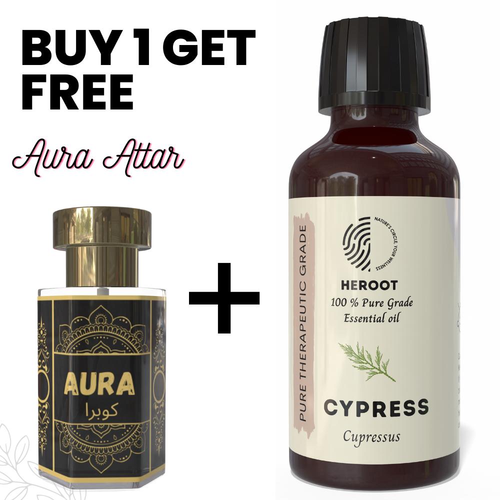 Cypress Essential Oil 10ml for Aromatherapy & Home Fragrance Get 1 Free 6 Ml Attar – Aqua AQ, Dubai Oud, Aura, White Oud