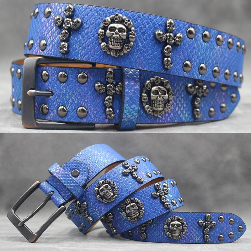 Original Punk Belt Men Women Skull Rivet Snake PU Leather Needle Buckle 105-125cm