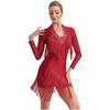 Vestido de dança latina feminino, decote em V, manga comprida, franjas brilhantes de strass, fantasia para apresentações de tango, rumba, cha cha