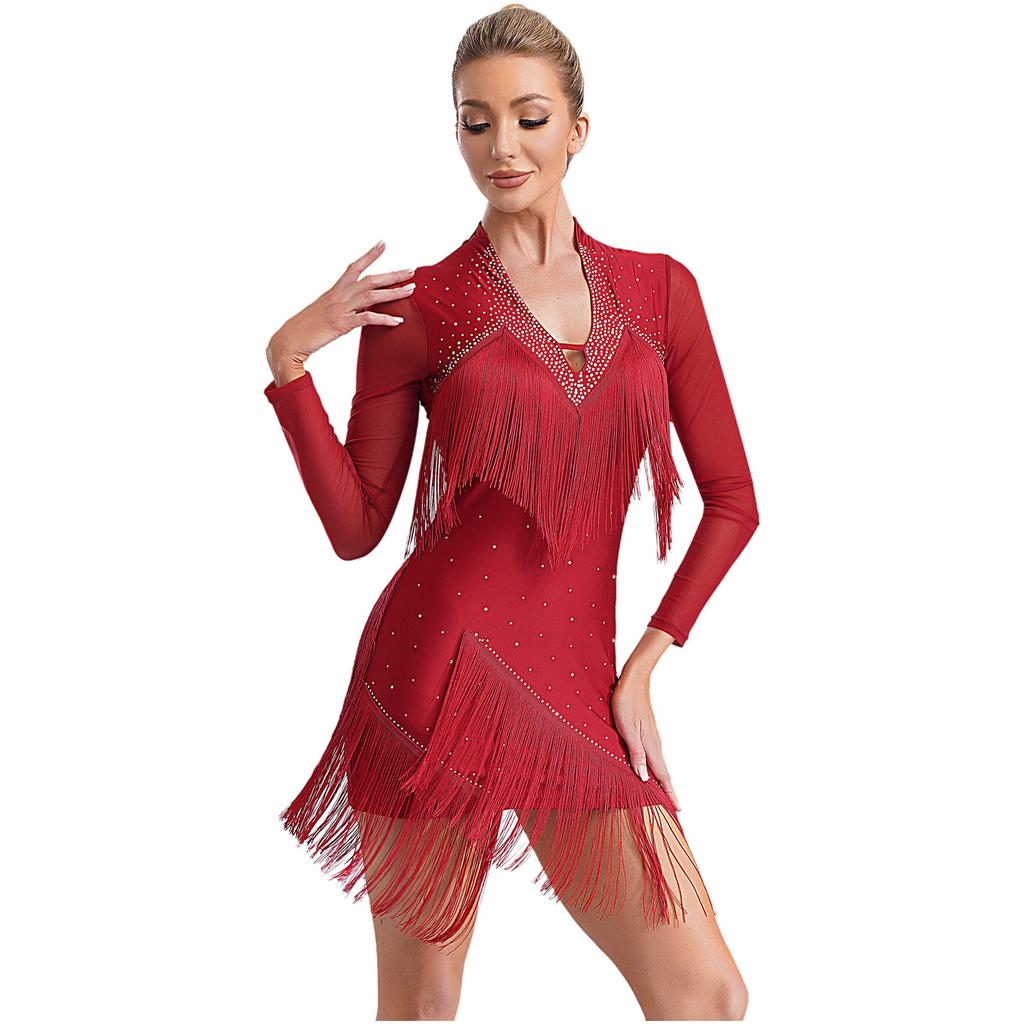 Vestido de dança latina feminino, decote em V, manga comprida, franjas brilhantes de strass, fantasia para apresentações de tango, rumba, cha cha