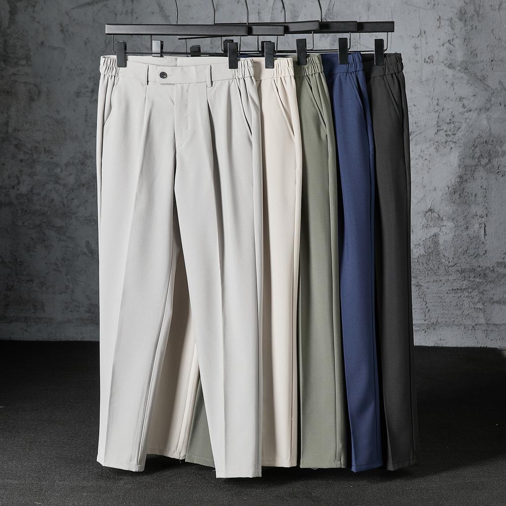 Spring/Summer Ice Silk Drape Solid Color Tapered Nine-Point Dress Pants Men's Wrinkle-Free Slim-Fit Slim Pants Casual Long Pants