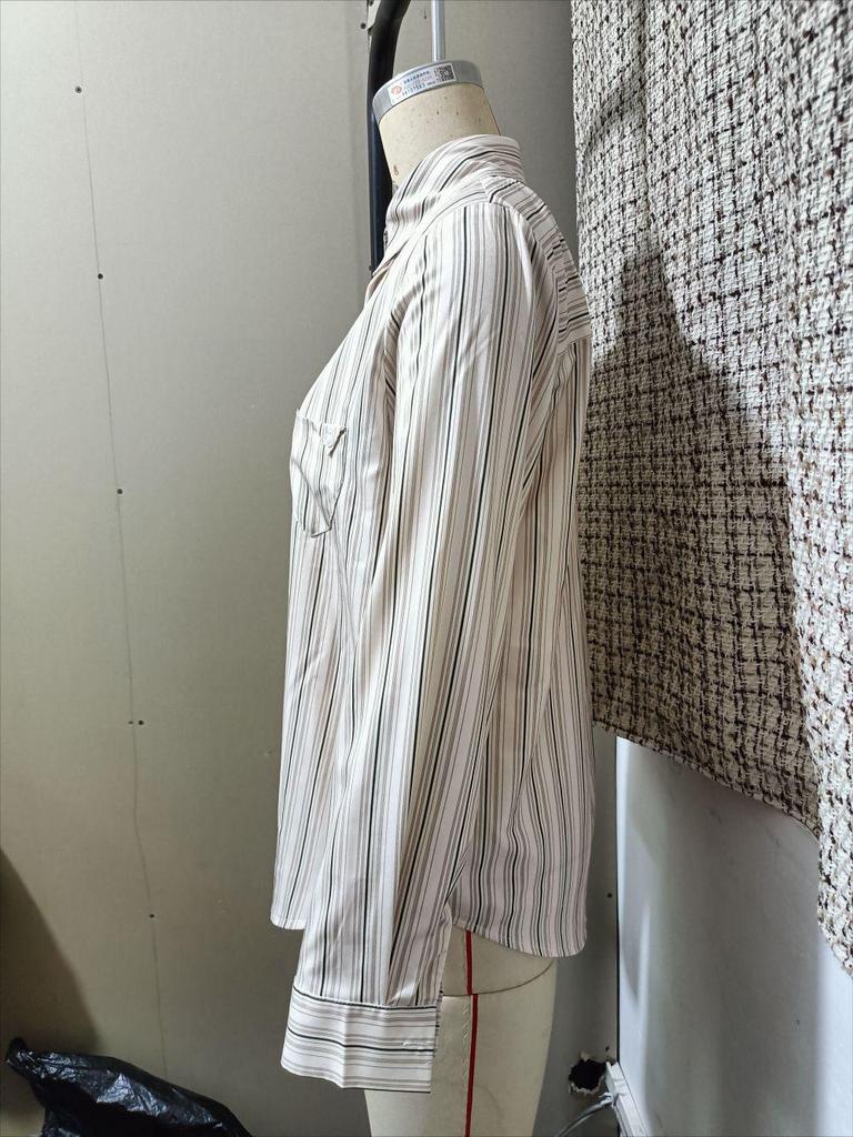 Retro Striped Long Sleeve Shirt with Fold Collar and Pocket - Korean Casual Spring/Summer Style