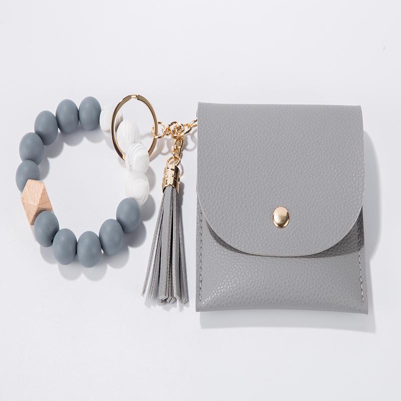 Food Grade Keychain Bracelet Silicone Wallet With Wood Bead and Wallet Women's Key Chain Bangle With Tassel and Purse
