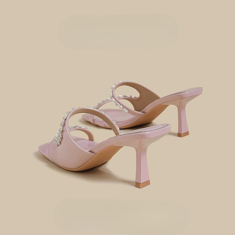 French outer slippers women's 2025 summer new evening breeze temperament beautiful rhinestone word purple stiletto sandals