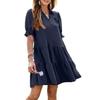 Casual Summer Swing Dress V Neck Short Sleeve Pleated Midi Flowy A Line Sundress Women Beach Dress with Lapel Collar