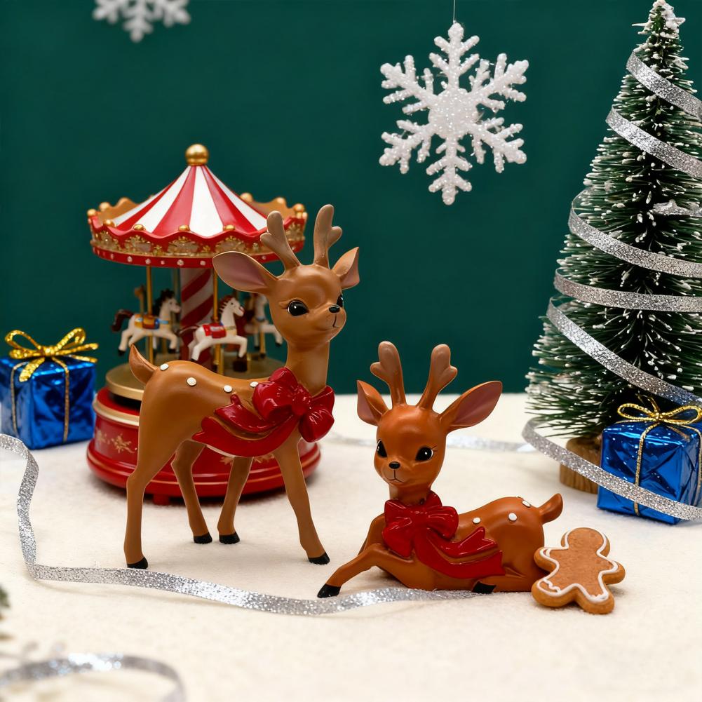 Cute Sika Deer Statues Christmas Deer Figurines Elegant Vintage Spotted Deer Figurine with Bow for Christmas Decor Resin Sika