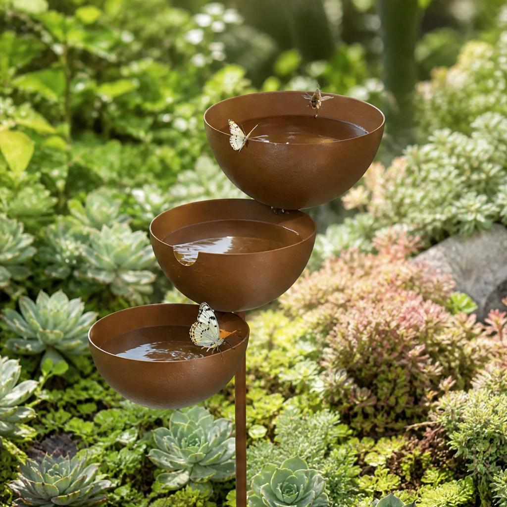 3-Tiered Metal Bird Bath Feeder Weatherproof Iron Water Bowls Garden Stake Rain Catcher Garden Ornament For Hummingbird & Animal
