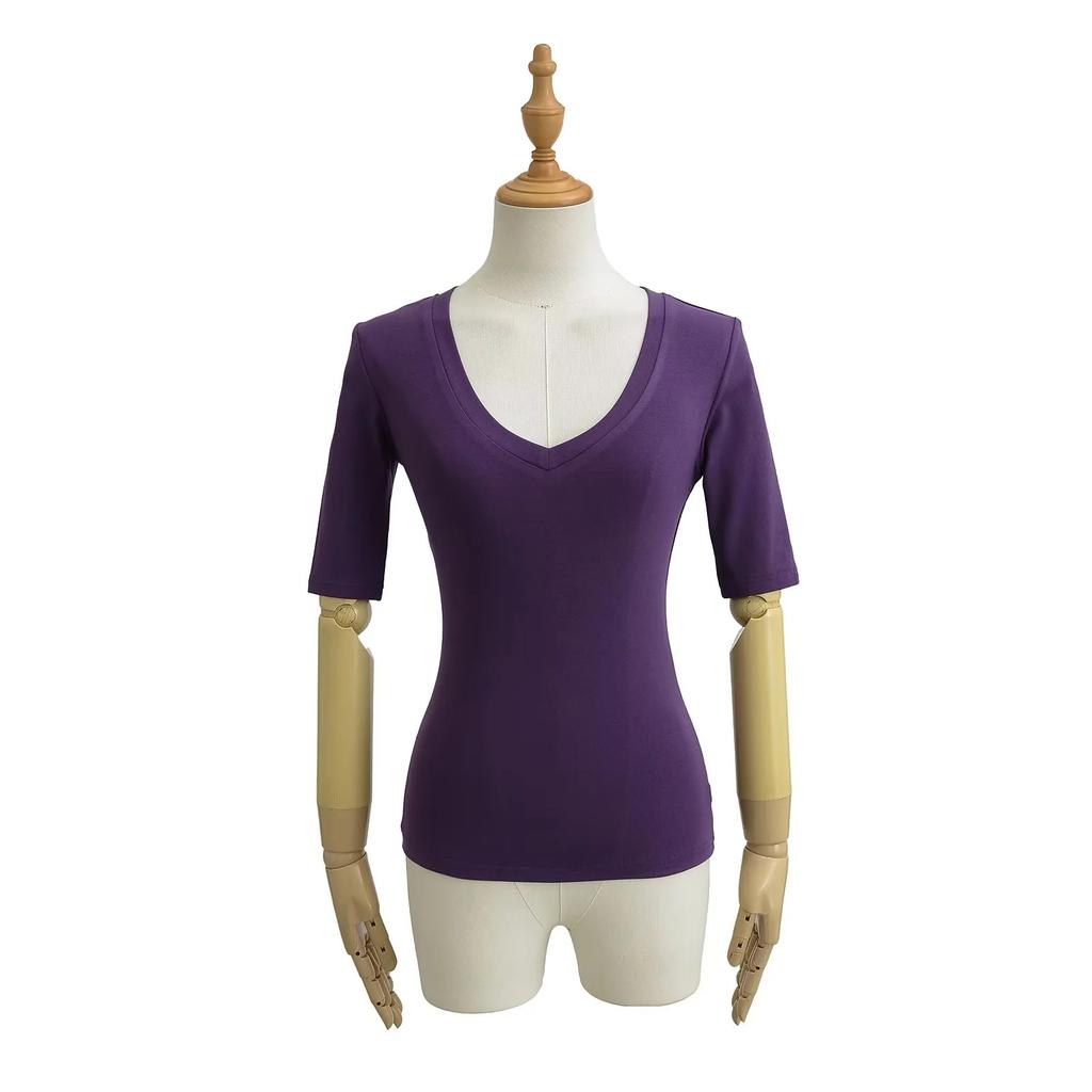 Damen V-Ausschnitt Halbarm T-Shirt Slim Fit Einfarbig Basic Lässig Crop Top