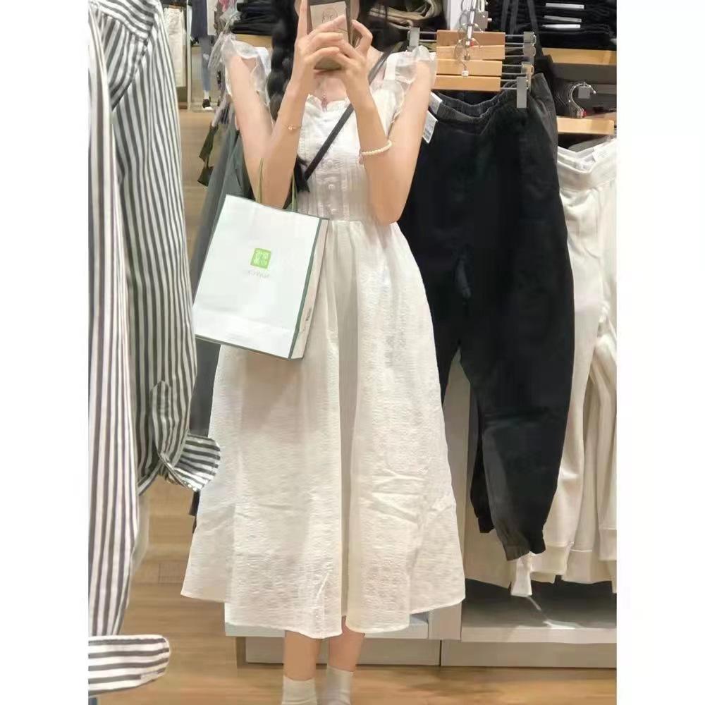 French Design Sense White Suspender Dress Female Small First Love Fairy Skirt Flying Sleeves Student Medium and Long Dress Summer