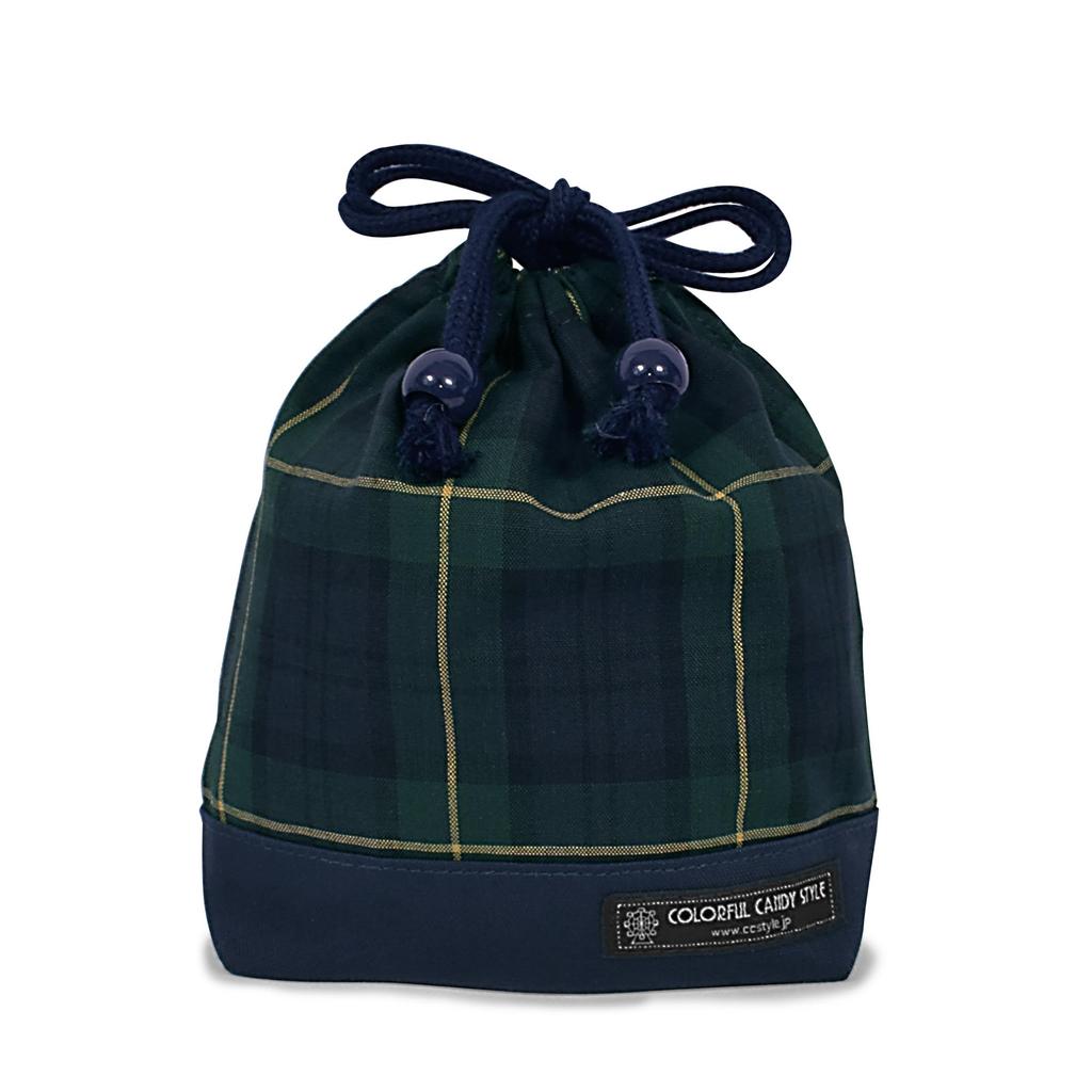 Colorful Candy Style 3-Piece Drawstring Bag Set (Gym Bag, Lunch Bag, and Cup Bag) In Tartan Check and Dark Green. Perfect for Kids, Kindergarten and