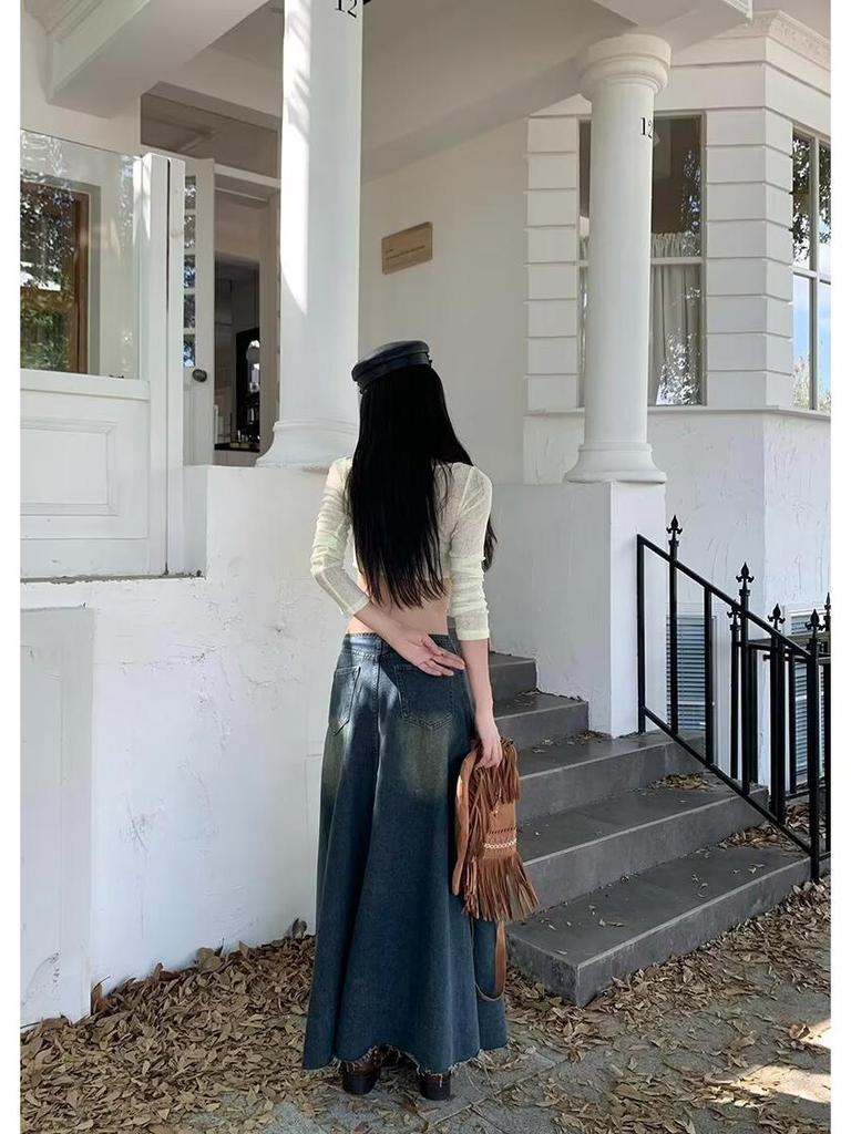 Women's High-Waist Summer 2024 Retro Washed Denim A-Line Skirt