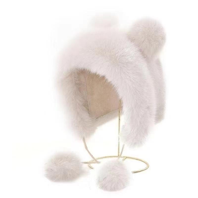 New Plush Cute Little Bear Ear Hat Fox Fur Hat Thickened Ear Protection Snow Hat Women s Plush Little Bear Hat Fashion Versatile белый