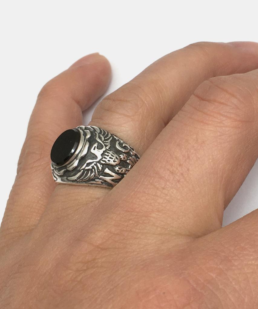 Sheen666 Onyx Eagle Crest Silver Ring (Type B)