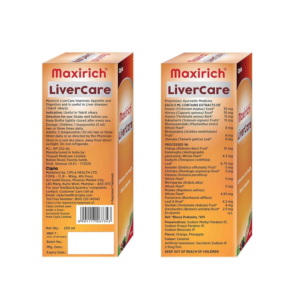 Cipla Maxirich Livercare 200 Ml 2 Pack Ayurvedic Herbal Syrup for Healthy Digestion & Liver Support