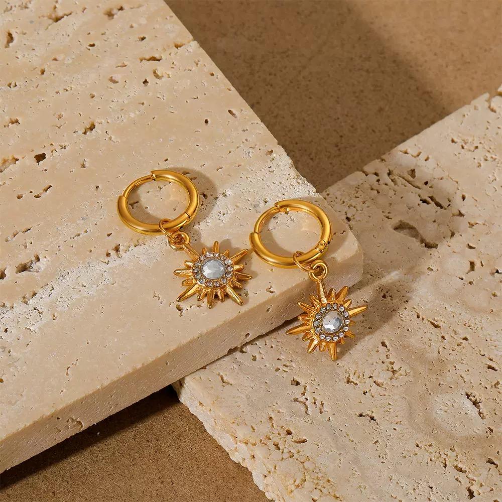 Trendy 316 Stainless Steel C-Shaped Hollow Hoop Earrings Zircon Sparkling 18K Gold Plated Lilia Women Party Occasion
