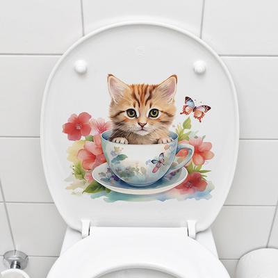 Roztomilé kočičí samolepky na zeď Vodotěsné vinylové nálepky Design čajového šálku Dekorace obchodu se zvířaty Koupelna Kuchyně Odnímatelné Oloupni a nalep Domácí dekorace