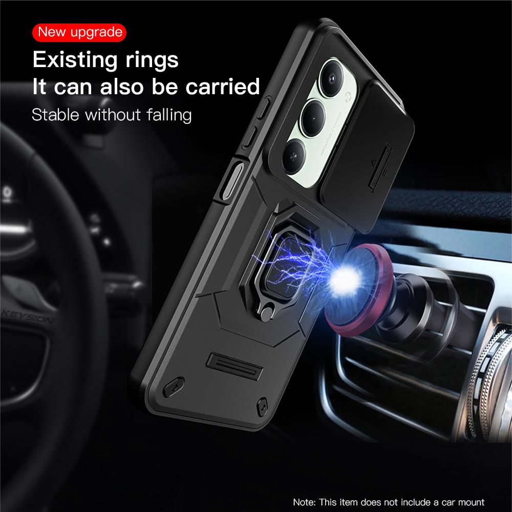 KEYSION Shockproof Armor Case for Redmi 15 169.5mm 171mm Slide Camera Lens Protection Metal Ring Stand Phone Cover for Redmi 5G