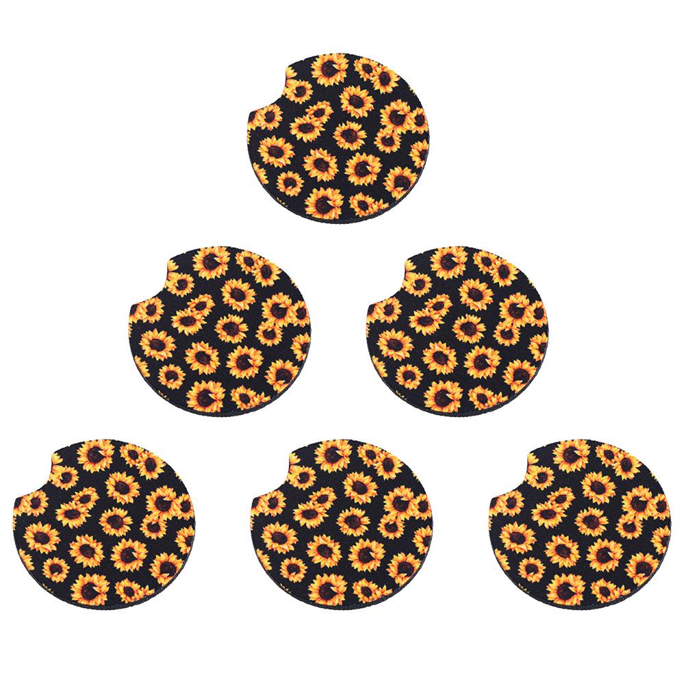 6Pcs Car Cup Mat Anti-Skid Sunflower Pattern Coaster Waterproof Drink Pad Heat-Resistant Stylish Car Interior Organizer